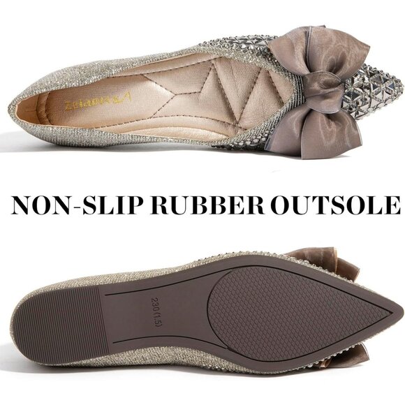 Zelaprox Women's Silver Leather Rhinestone Pointed Toe Bowknot Ballet Shoes - Picture 4 of 7